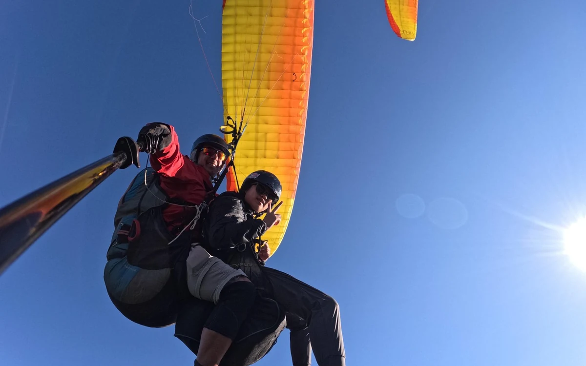 The canopy of a tandem wing seen from below against open sky